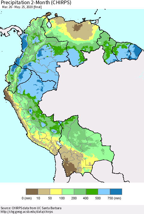 Northern South America Precipitation 2-Month (CHIRPS) Thematic Map For 3/26/2020 - 5/25/2020