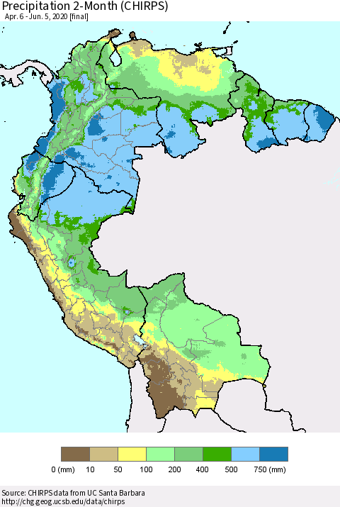 Northern South America Precipitation 2-Month (CHIRPS) Thematic Map For 4/6/2020 - 6/5/2020