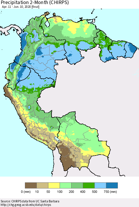 Northern South America Precipitation 2-Month (CHIRPS) Thematic Map For 4/11/2020 - 6/10/2020