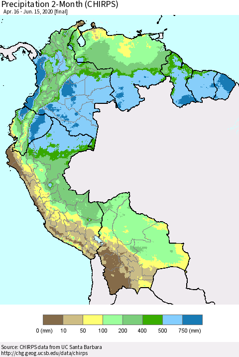 Northern South America Precipitation 2-Month (CHIRPS) Thematic Map For 4/16/2020 - 6/15/2020