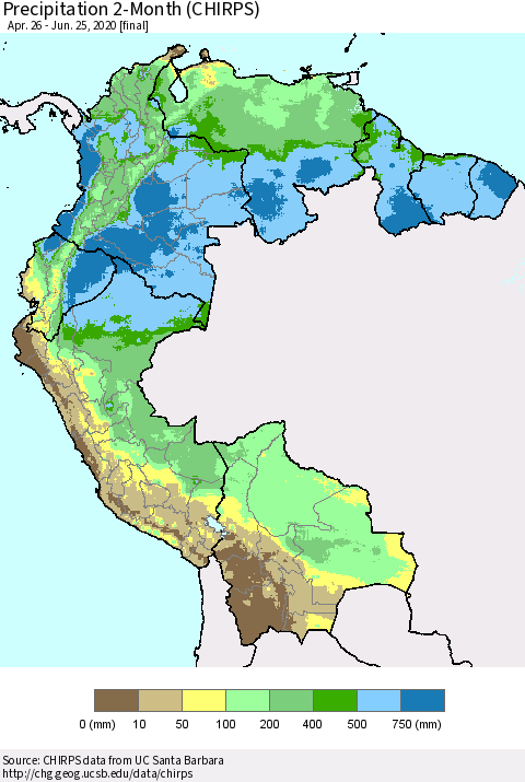 Northern South America Precipitation 2-Month (CHIRPS) Thematic Map For 4/26/2020 - 6/25/2020