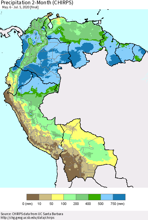 Northern South America Precipitation 2-Month (CHIRPS) Thematic Map For 5/6/2020 - 7/5/2020