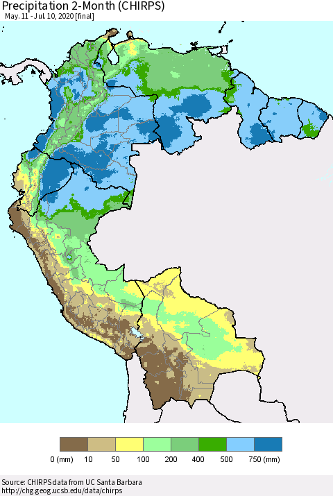 Northern South America Precipitation 2-Month (CHIRPS) Thematic Map For 5/11/2020 - 7/10/2020
