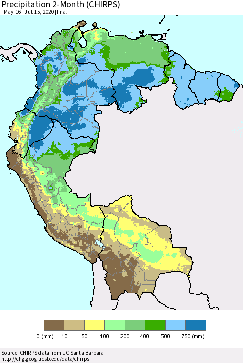 Northern South America Precipitation 2-Month (CHIRPS) Thematic Map For 5/16/2020 - 7/15/2020