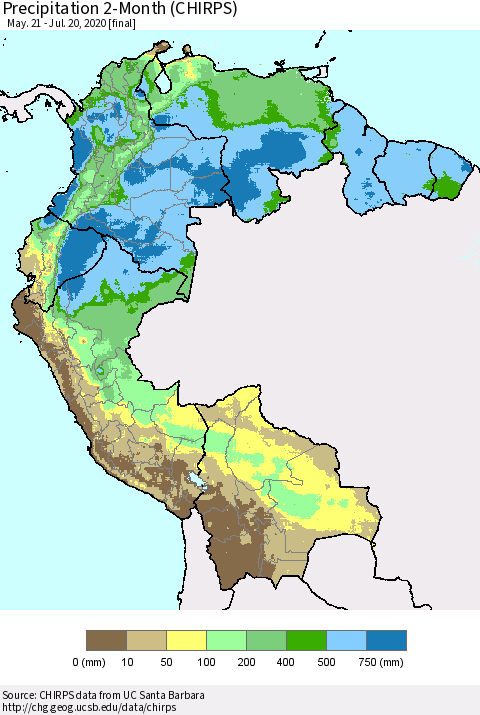 Northern South America Precipitation 2-Month (CHIRPS) Thematic Map For 5/21/2020 - 7/20/2020