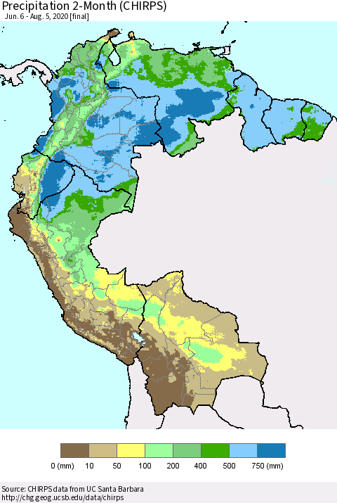 Northern South America Precipitation 2-Month (CHIRPS) Thematic Map For 6/6/2020 - 8/5/2020
