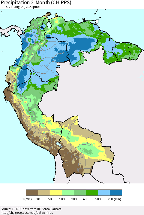 Northern South America Precipitation 2-Month (CHIRPS) Thematic Map For 6/21/2020 - 8/20/2020