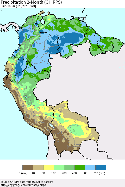 Northern South America Precipitation 2-Month (CHIRPS) Thematic Map For 6/26/2020 - 8/25/2020