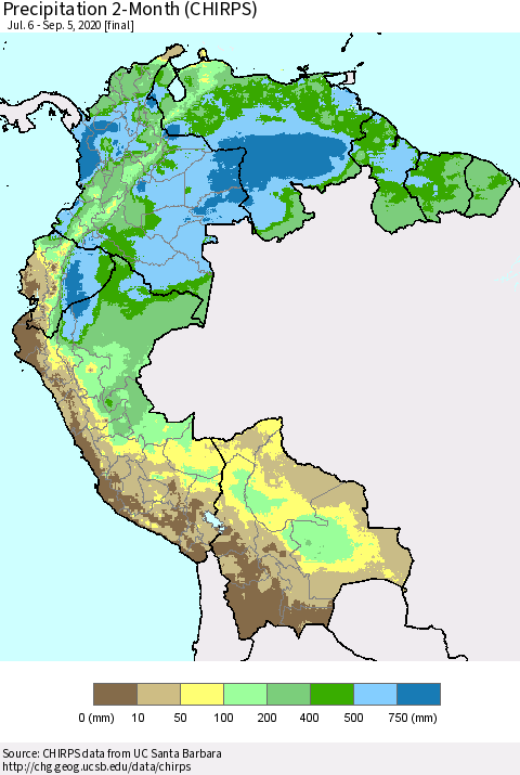 Northern South America Precipitation 2-Month (CHIRPS) Thematic Map For 7/6/2020 - 9/5/2020