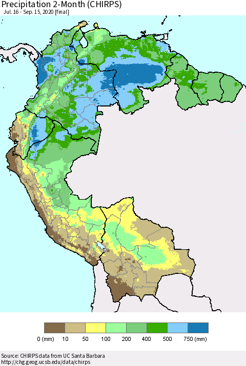 Northern South America Precipitation 2-Month (CHIRPS) Thematic Map For 7/16/2020 - 9/15/2020