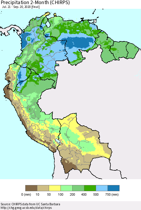 Northern South America Precipitation 2-Month (CHIRPS) Thematic Map For 7/21/2020 - 9/20/2020