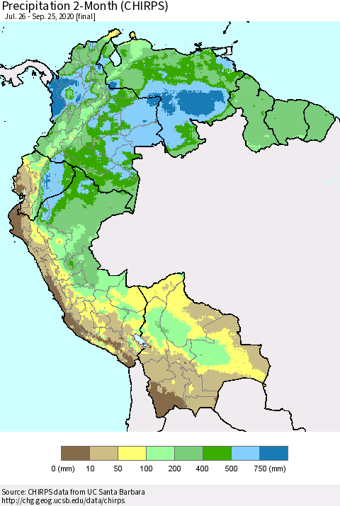 Northern South America Precipitation 2-Month (CHIRPS) Thematic Map For 7/26/2020 - 9/25/2020