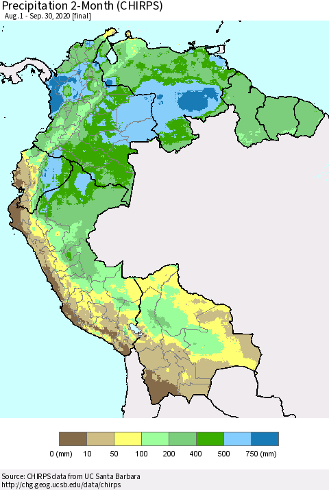 Northern South America Precipitation 2-Month (CHIRPS) Thematic Map For 8/1/2020 - 9/30/2020