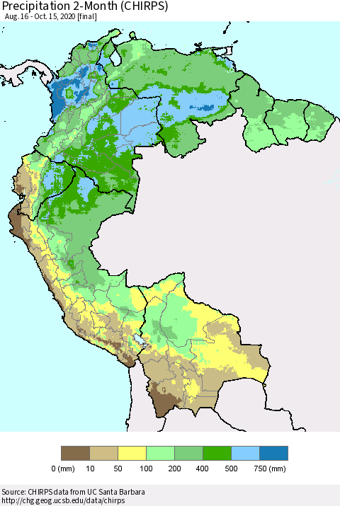 Northern South America Precipitation 2-Month (CHIRPS) Thematic Map For 8/16/2020 - 10/15/2020
