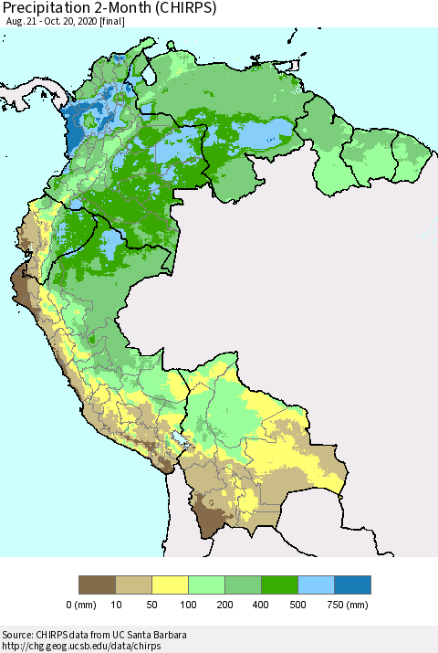 Northern South America Precipitation 2-Month (CHIRPS) Thematic Map For 8/21/2020 - 10/20/2020