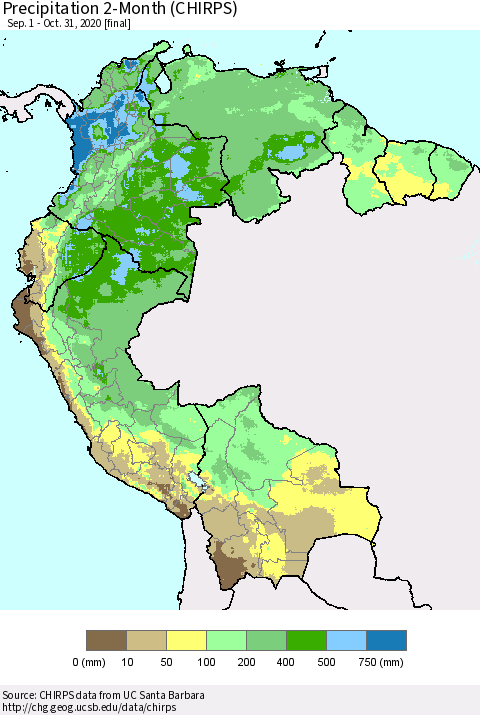 Northern South America Precipitation 2-Month (CHIRPS) Thematic Map For 9/1/2020 - 10/31/2020