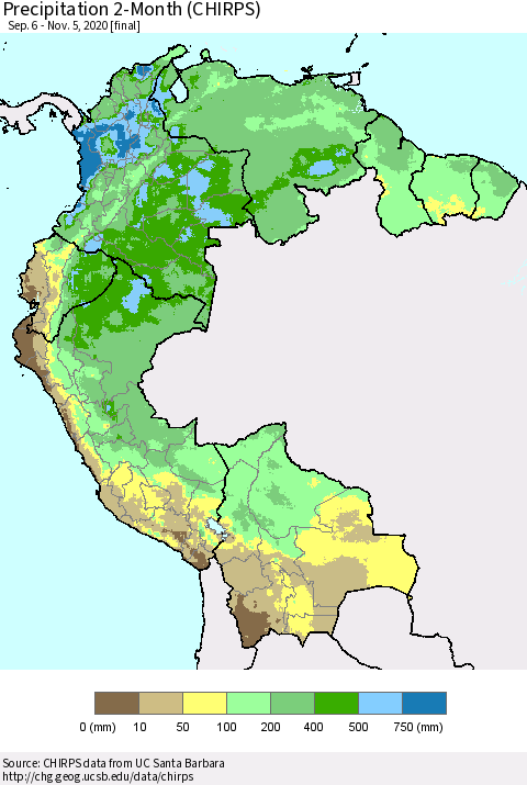 Northern South America Precipitation 2-Month (CHIRPS) Thematic Map For 9/6/2020 - 11/5/2020