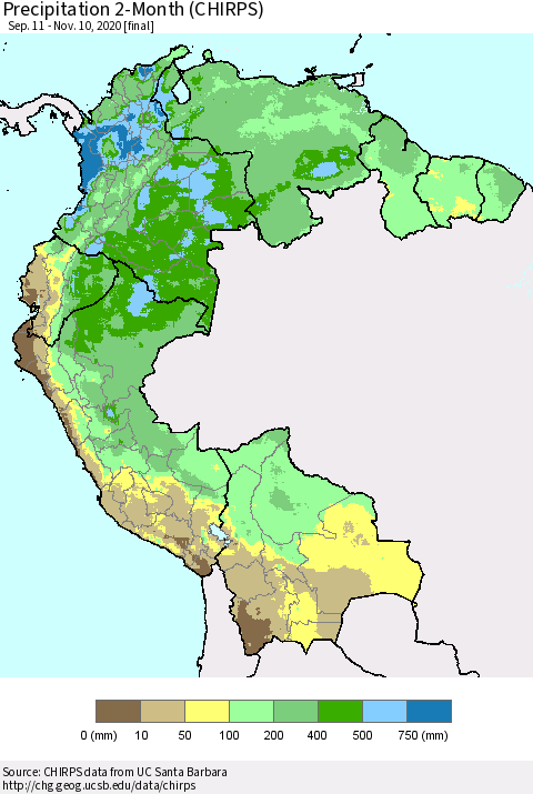Northern South America Precipitation 2-Month (CHIRPS) Thematic Map For 9/11/2020 - 11/10/2020
