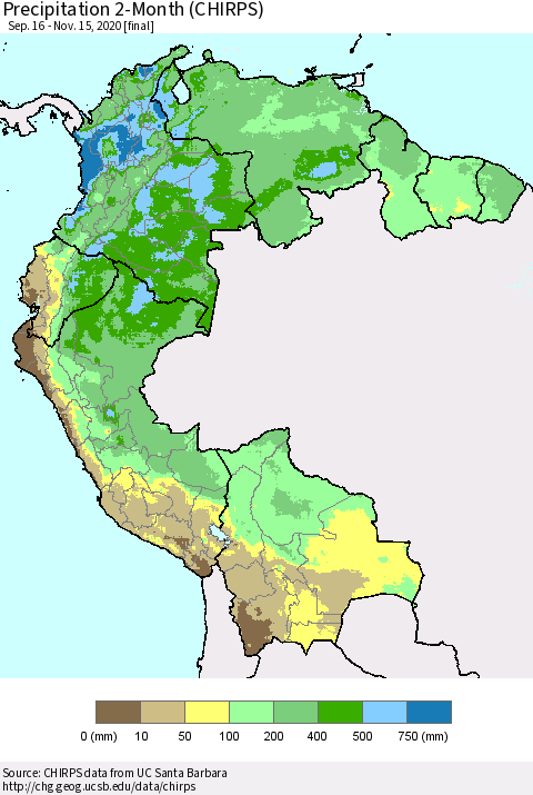 Northern South America Precipitation 2-Month (CHIRPS) Thematic Map For 9/16/2020 - 11/15/2020