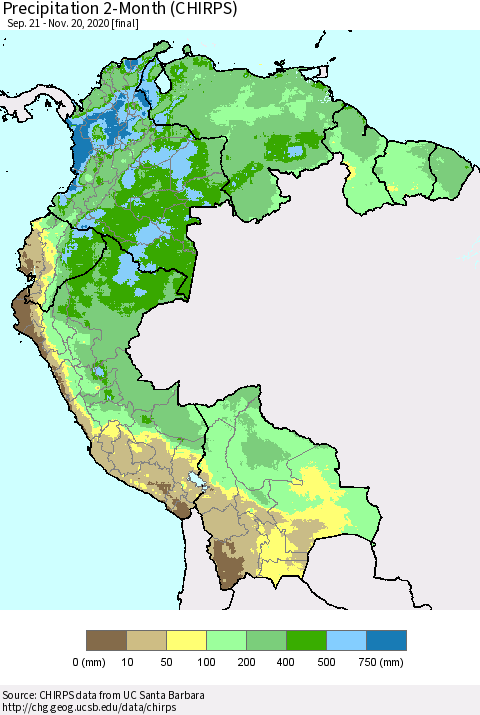 Northern South America Precipitation 2-Month (CHIRPS) Thematic Map For 9/21/2020 - 11/20/2020