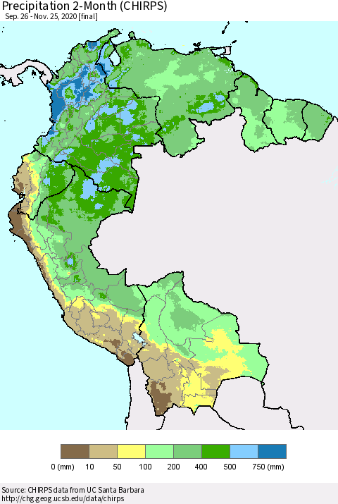 Northern South America Precipitation 2-Month (CHIRPS) Thematic Map For 9/26/2020 - 11/25/2020