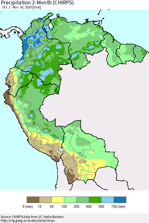 Northern South America Precipitation 2-Month (CHIRPS) Thematic Map For 10/1/2020 - 11/30/2020