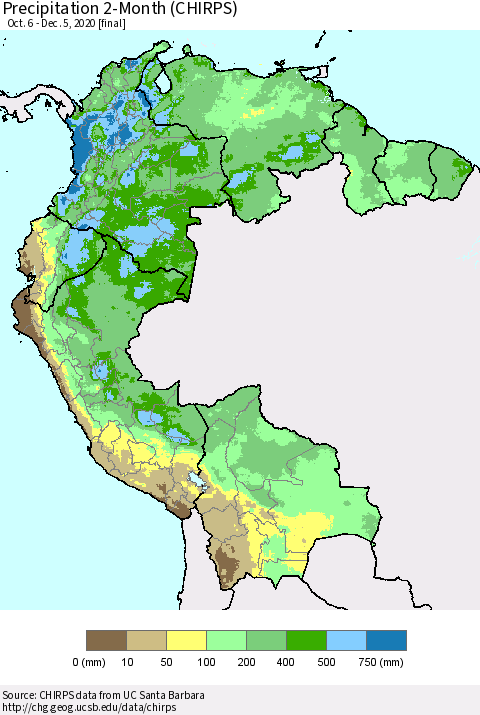 Northern South America Precipitation 2-Month (CHIRPS) Thematic Map For 10/6/2020 - 12/5/2020
