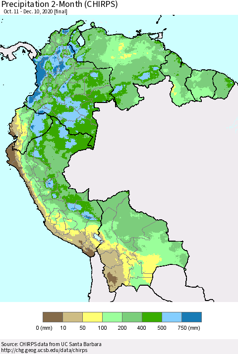 Northern South America Precipitation 2-Month (CHIRPS) Thematic Map For 10/11/2020 - 12/10/2020