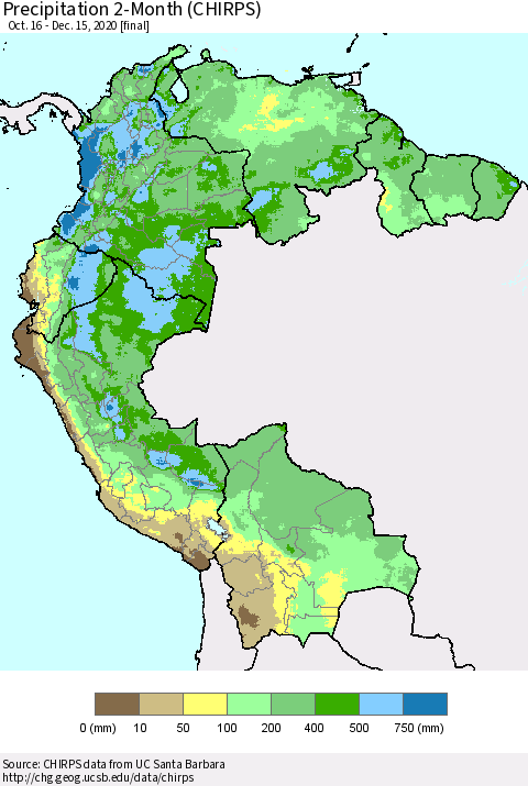 Northern South America Precipitation 2-Month (CHIRPS) Thematic Map For 10/16/2020 - 12/15/2020