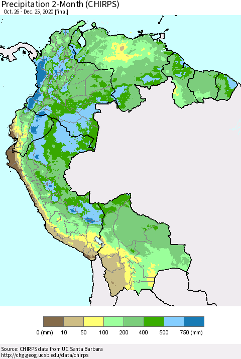 Northern South America Precipitation 2-Month (CHIRPS) Thematic Map For 10/26/2020 - 12/25/2020