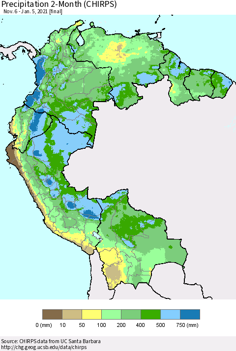 Northern South America Precipitation 2-Month (CHIRPS) Thematic Map For 11/6/2020 - 1/5/2021