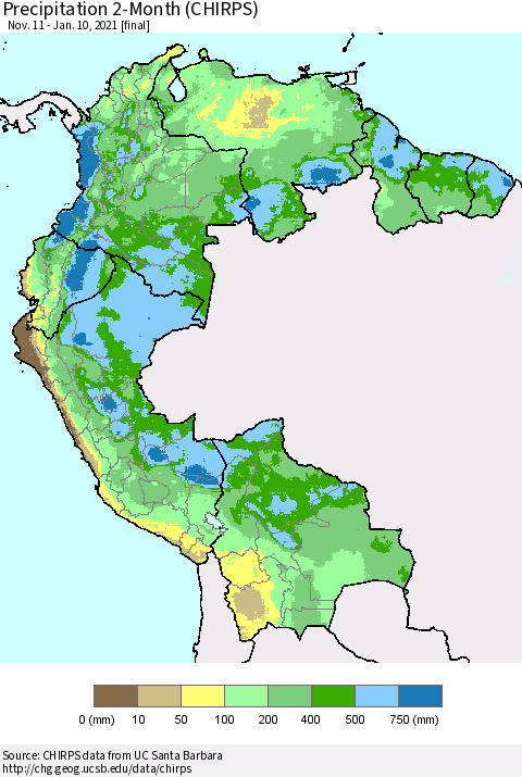 Northern South America Precipitation 2-Month (CHIRPS) Thematic Map For 11/11/2020 - 1/10/2021