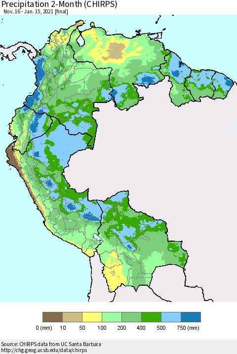 Northern South America Precipitation 2-Month (CHIRPS) Thematic Map For 11/16/2020 - 1/15/2021