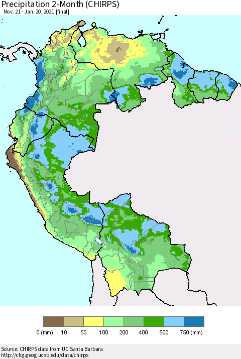 Northern South America Precipitation 2-Month (CHIRPS) Thematic Map For 11/21/2020 - 1/20/2021