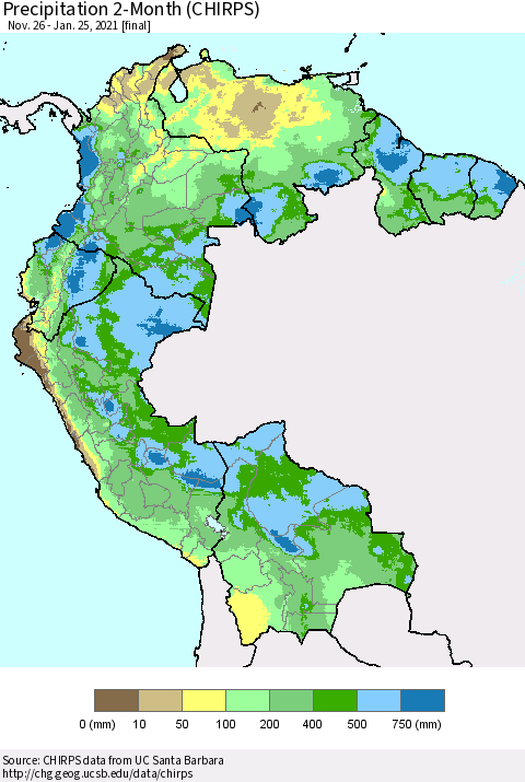 Northern South America Precipitation 2-Month (CHIRPS) Thematic Map For 11/26/2020 - 1/25/2021