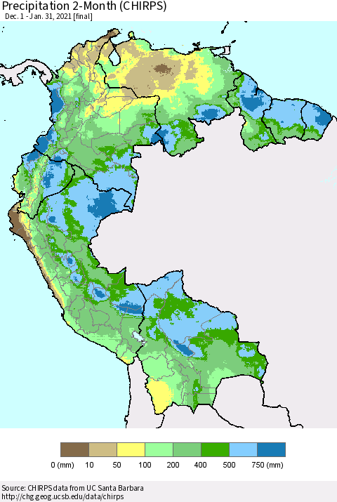 Northern South America Precipitation 2-Month (CHIRPS) Thematic Map For 12/1/2020 - 1/31/2021