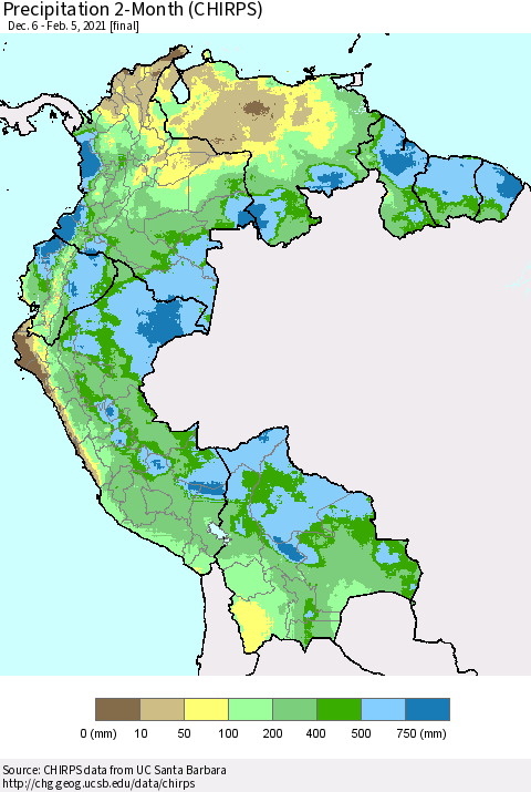 Northern South America Precipitation 2-Month (CHIRPS) Thematic Map For 12/6/2020 - 2/5/2021