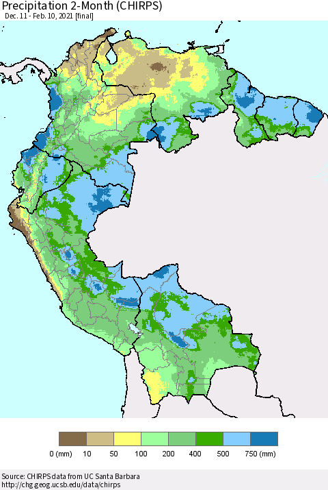 Northern South America Precipitation 2-Month (CHIRPS) Thematic Map For 12/11/2020 - 2/10/2021