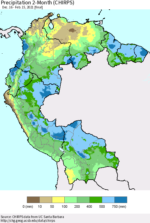 Northern South America Precipitation 2-Month (CHIRPS) Thematic Map For 12/16/2020 - 2/15/2021