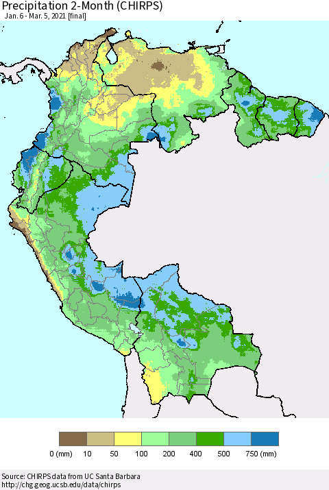 Northern South America Precipitation 2-Month (CHIRPS) Thematic Map For 1/6/2021 - 3/5/2021