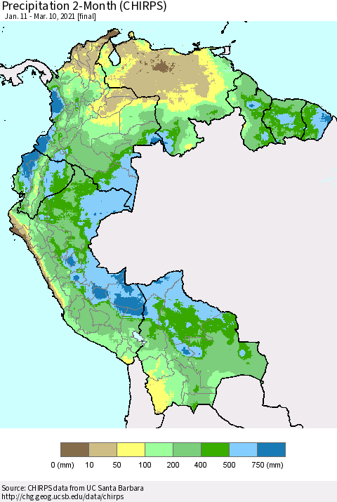 Northern South America Precipitation 2-Month (CHIRPS) Thematic Map For 1/11/2021 - 3/10/2021
