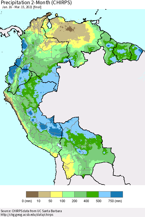 Northern South America Precipitation 2-Month (CHIRPS) Thematic Map For 1/16/2021 - 3/15/2021
