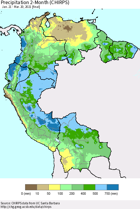 Northern South America Precipitation 2-Month (CHIRPS) Thematic Map For 1/21/2021 - 3/20/2021
