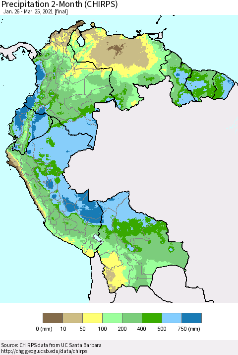 Northern South America Precipitation 2-Month (CHIRPS) Thematic Map For 1/26/2021 - 3/25/2021