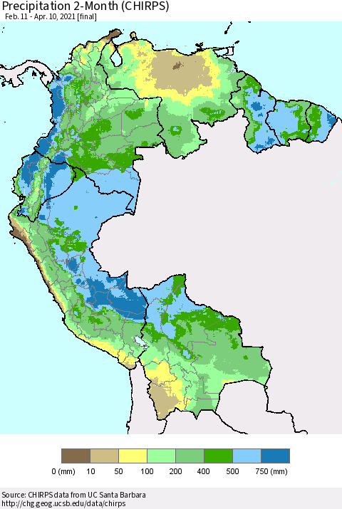 Northern South America Precipitation 2-Month (CHIRPS) Thematic Map For 2/11/2021 - 4/10/2021