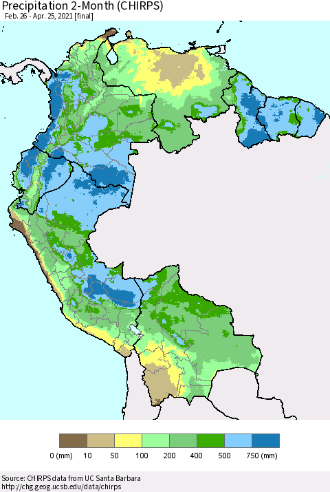 Northern South America Precipitation 2-Month (CHIRPS) Thematic Map For 2/26/2021 - 4/25/2021