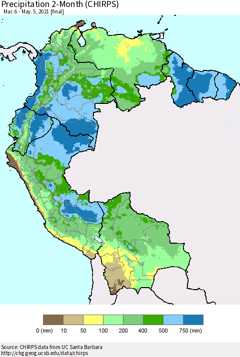 Northern South America Precipitation 2-Month (CHIRPS) Thematic Map For 3/6/2021 - 5/5/2021