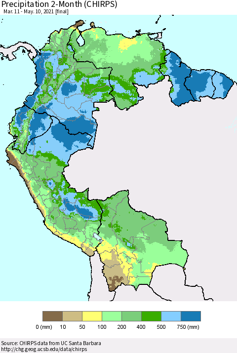 Northern South America Precipitation 2-Month (CHIRPS) Thematic Map For 3/11/2021 - 5/10/2021