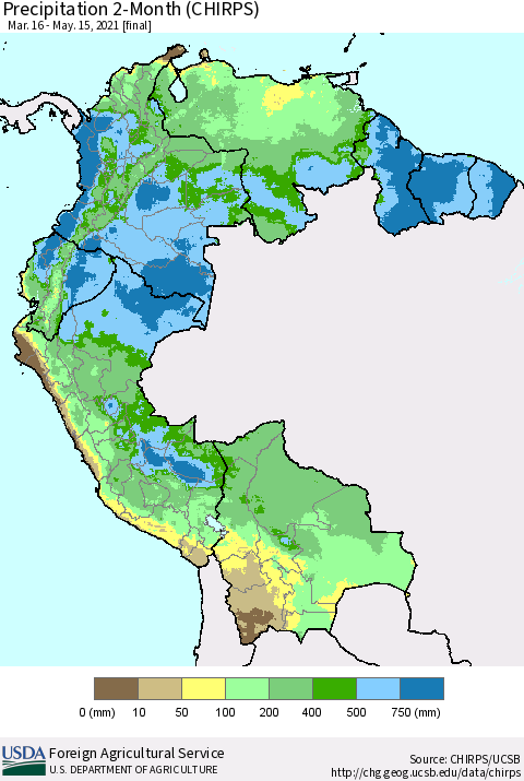 Northern South America Precipitation 2-Month (CHIRPS) Thematic Map For 3/16/2021 - 5/15/2021