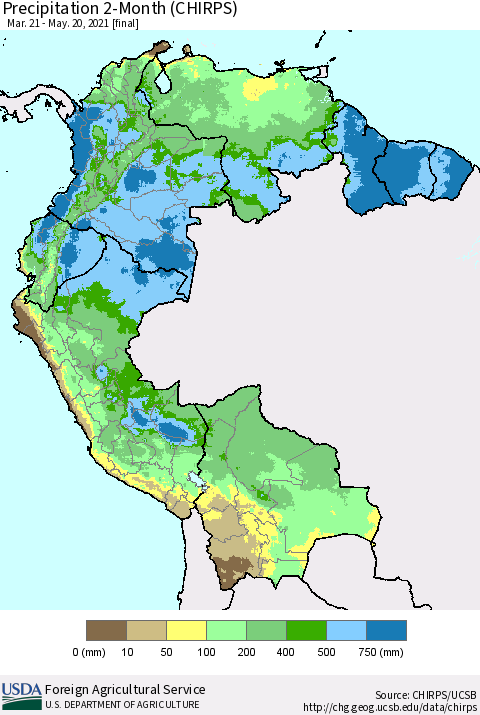 Northern South America Precipitation 2-Month (CHIRPS) Thematic Map For 3/21/2021 - 5/20/2021